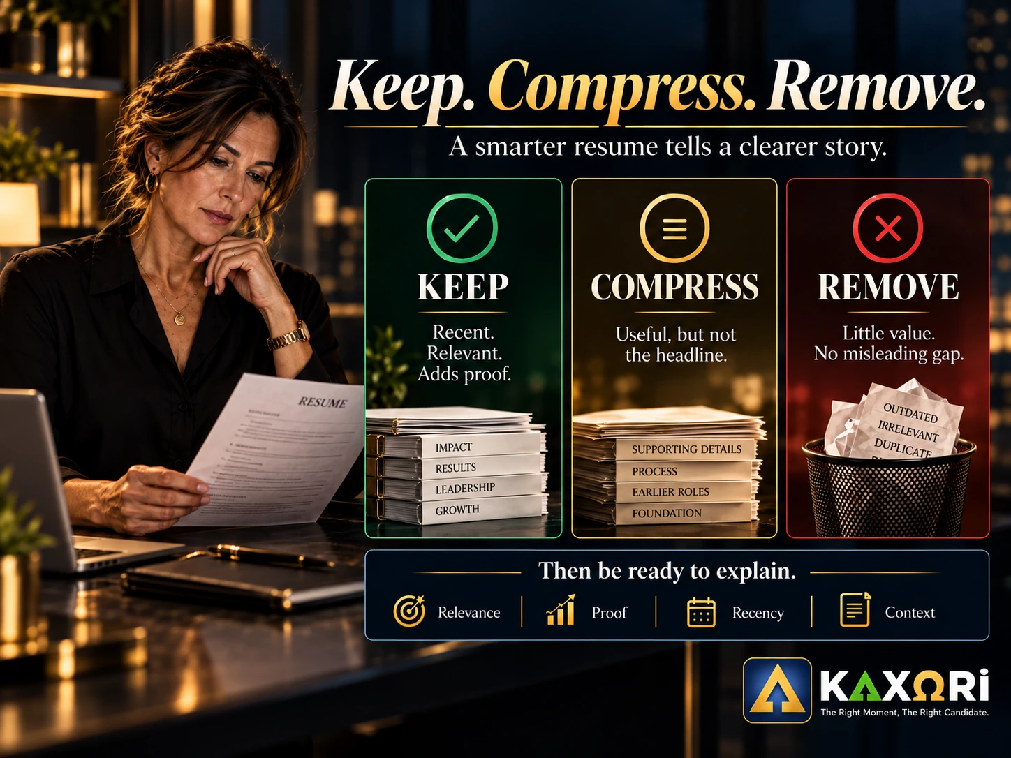 Keep, Compress, Remove framework showing when a short job should stay, be shortened, or be removed from a resume.