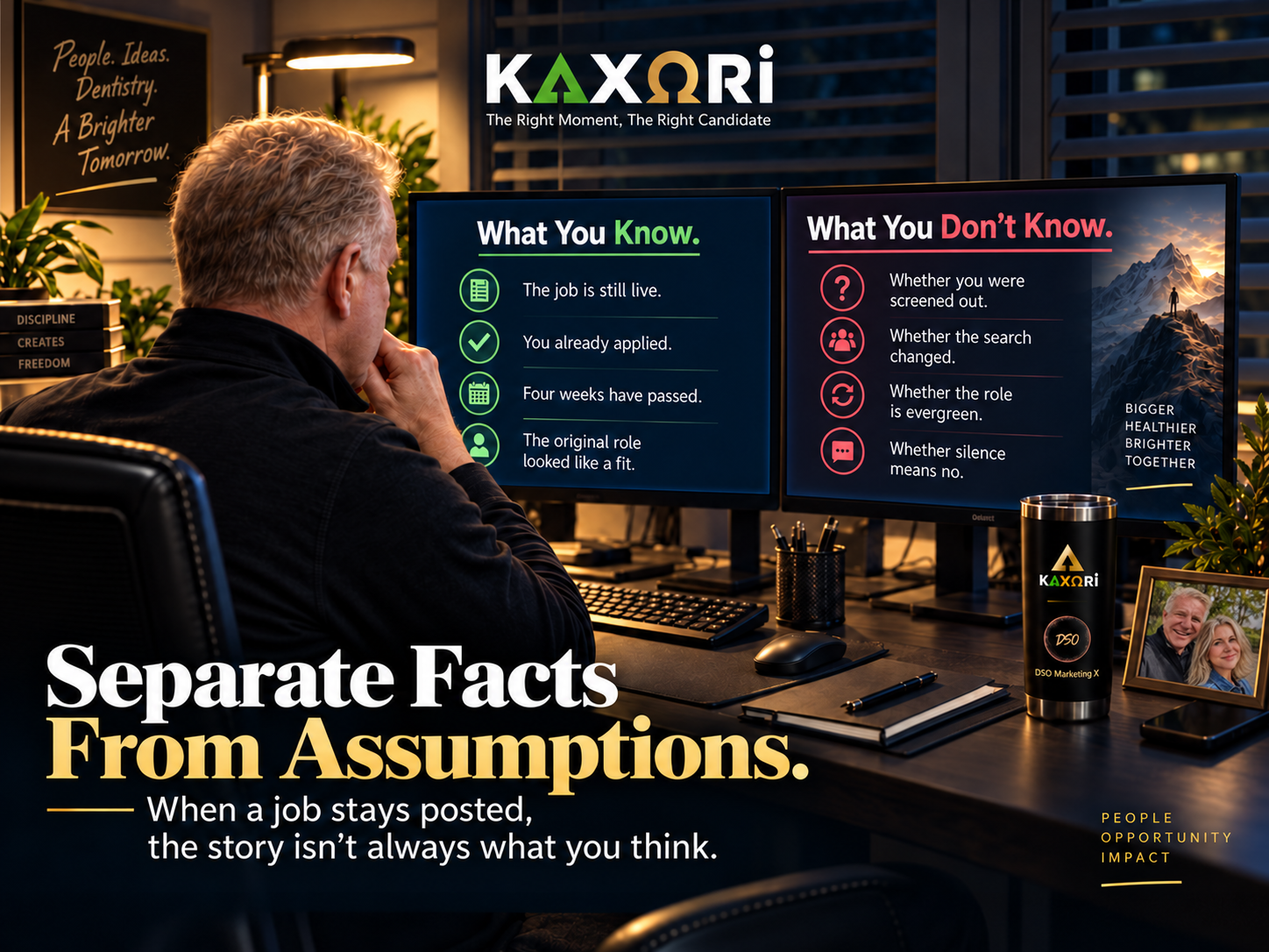 Separate Facts From Assumptions graphic comparing what a job seeker knows with what remains unknown after a role stays posted.
