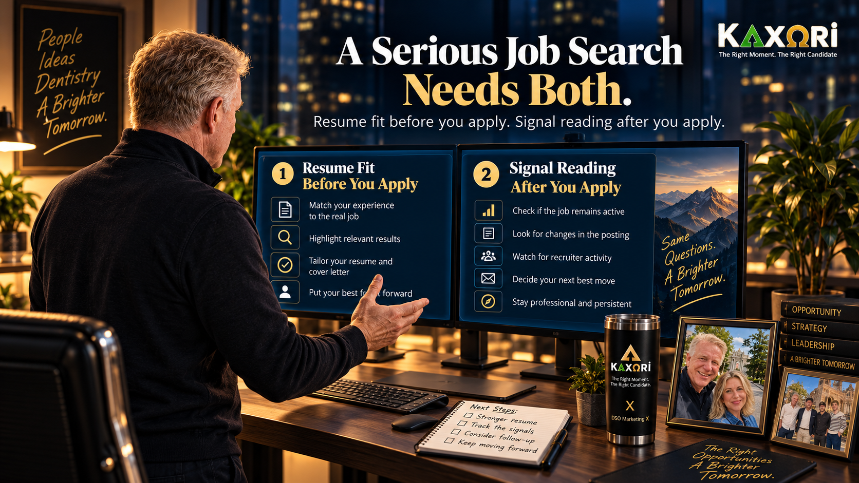A Serious Job Search Needs Both graphic showing resume fit before you apply and signal reading after you apply.