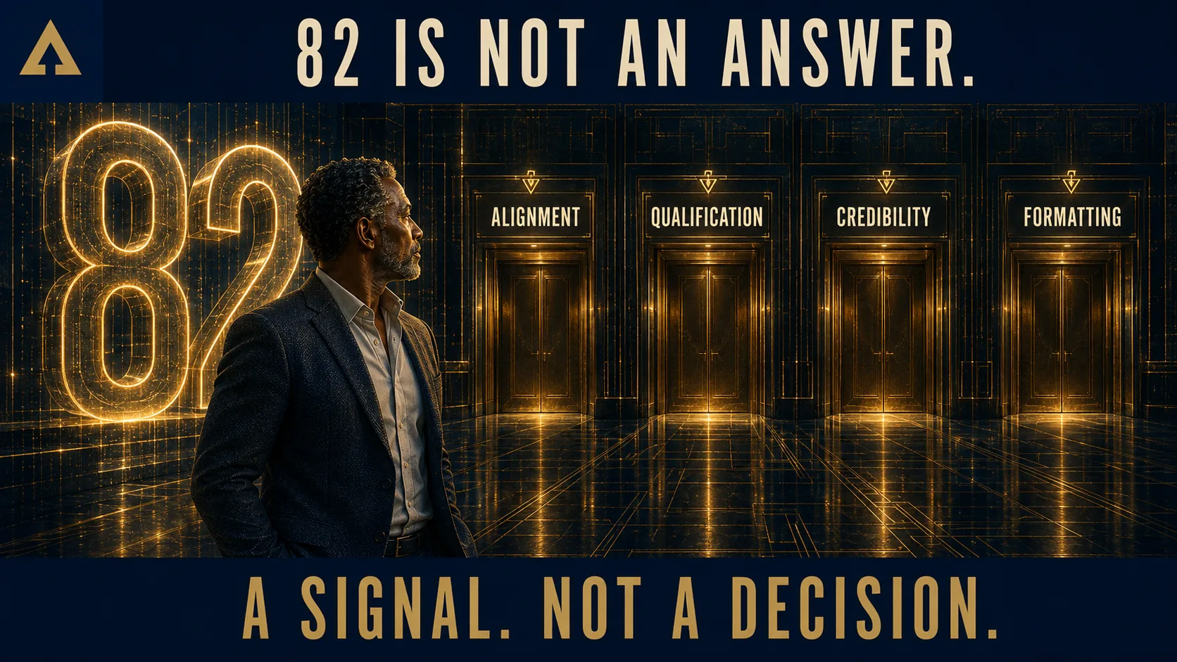 An ATS score of 82 leads to four review areas: alignment, qualification, credibility, and formatting.