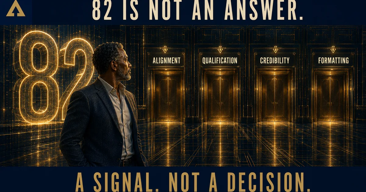 An ATS score of 82 leads to four review areas: alignment, qualification, credibility, and formatting.