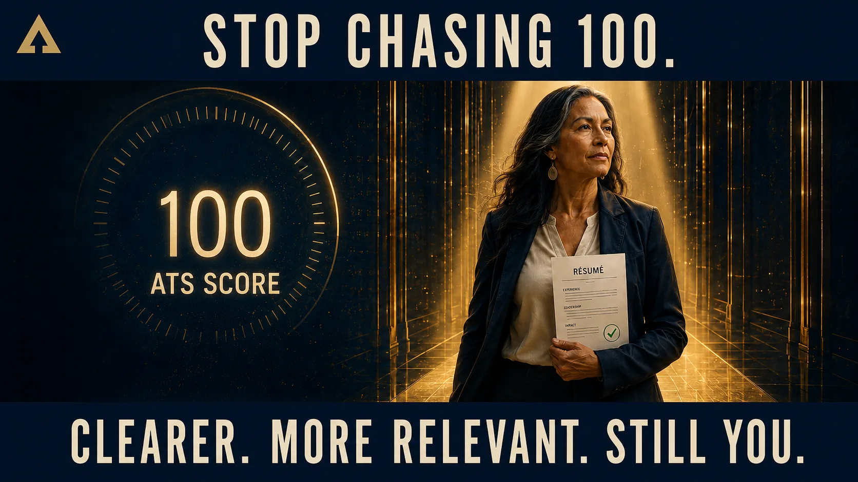 A professional holds a clear résumé while a gauge labeled ATS SCORE shows 100 in the background.