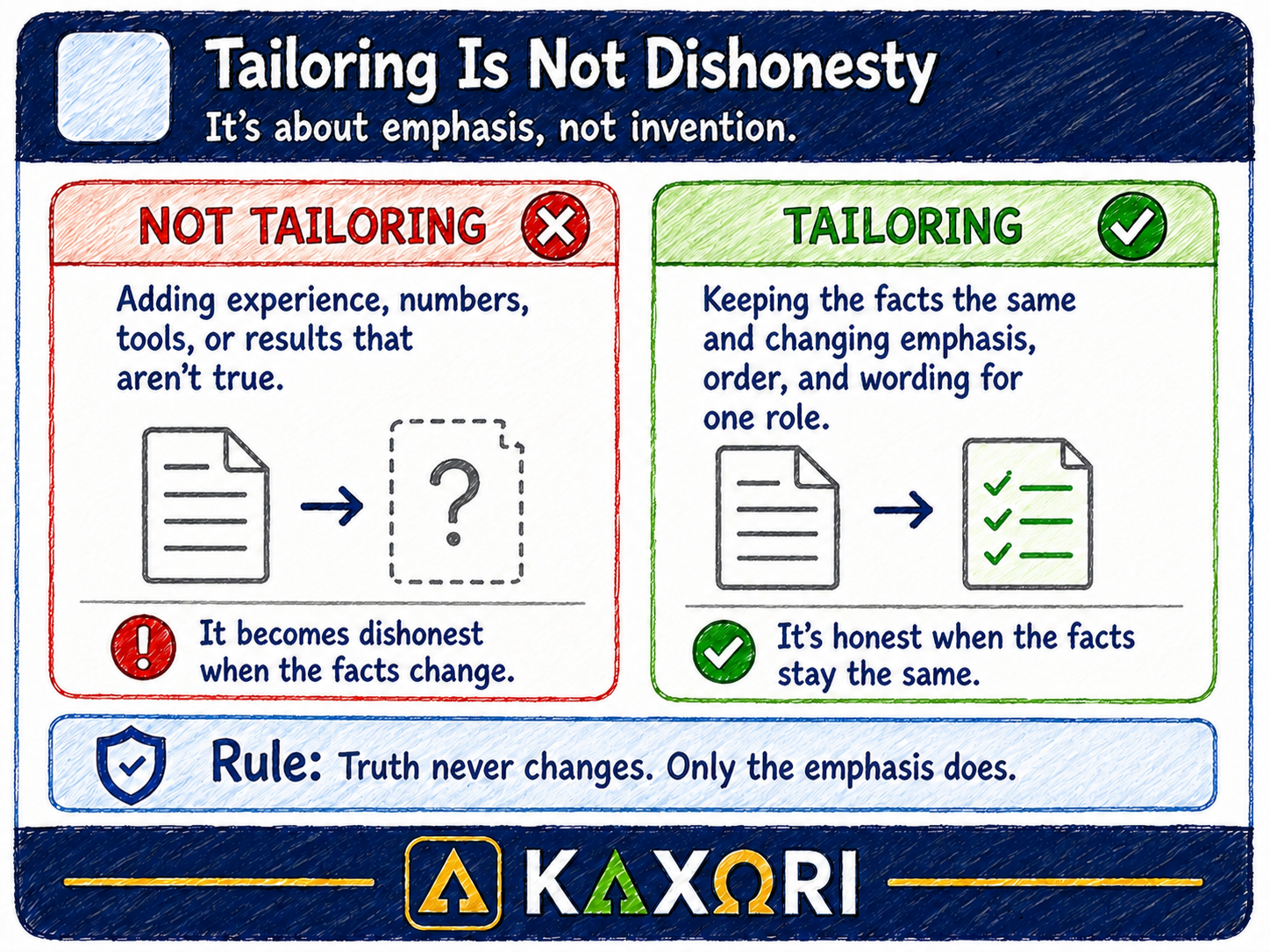 A comparison showing that honest tailoring keeps the facts unchanged while adjusting emphasis, order, and wording for one role.