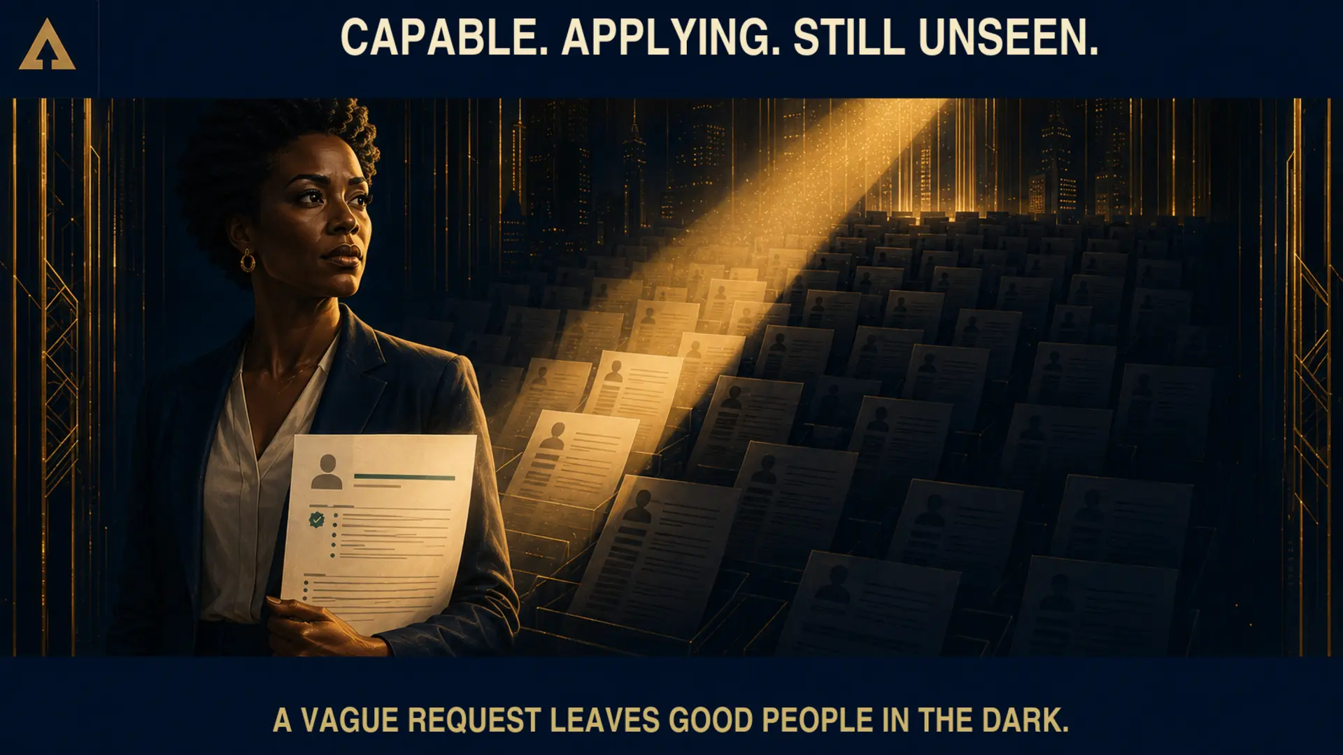Experienced professional holding a résumé in partial shadow while a crowded field of applications remains difficult to navigate. Gold light begins to reveal her evidence.