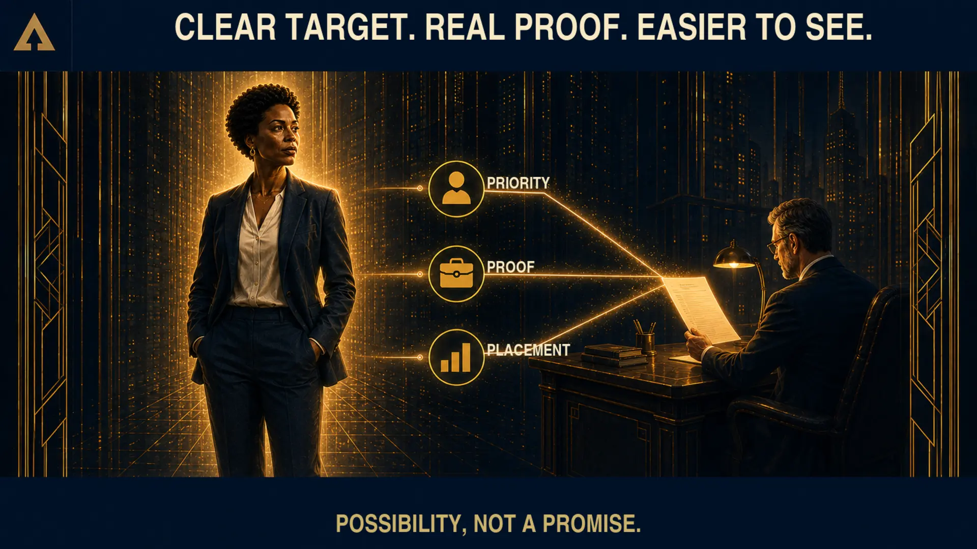 The professional stands fully visible in warm gold light while a potential employer reviews her résumé at a distance. The scene represents possibility, not a promised outcome.