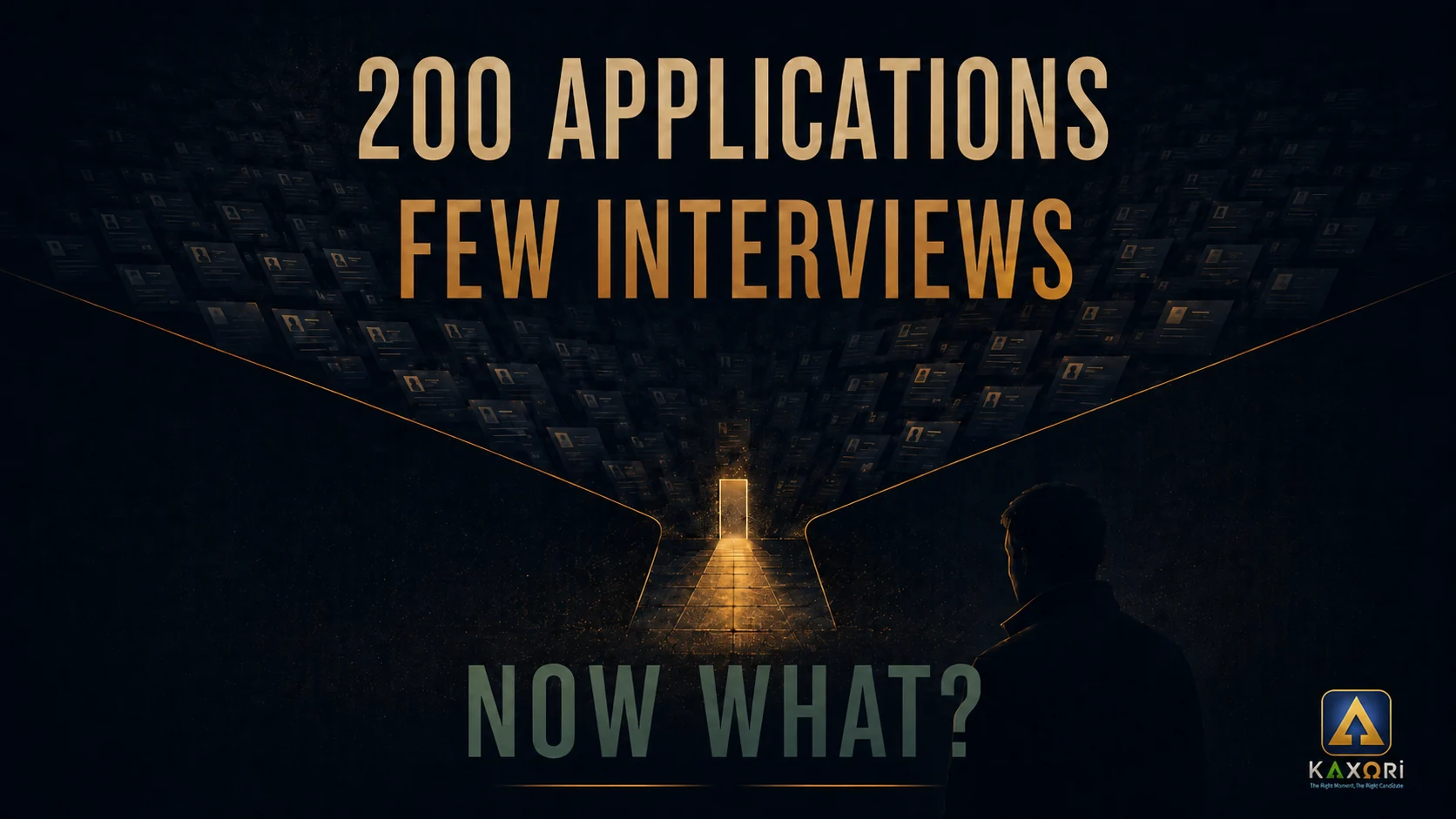 A job seeker faces a tunnel of application cards under the words 200 Applications, Few Interviews, Now What?