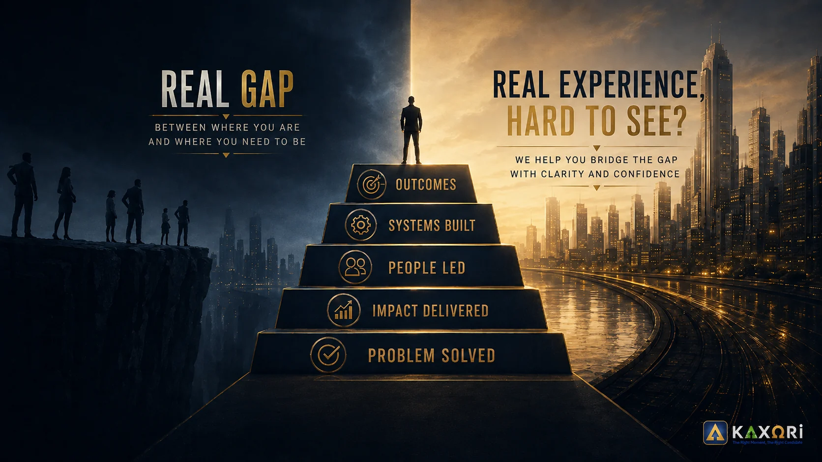 A dark real-gap side contrasts with a lit staircase of evidence labeled Problem Solved, Impact Delivered, People Led, Systems Built, and Outcomes.
