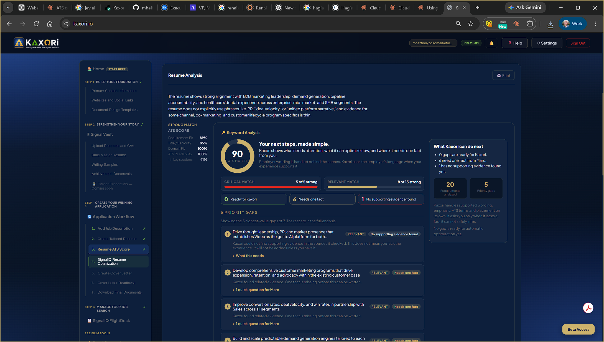Kaxori resume analysis showing a 90 ATS match and job-specific evidence gaps