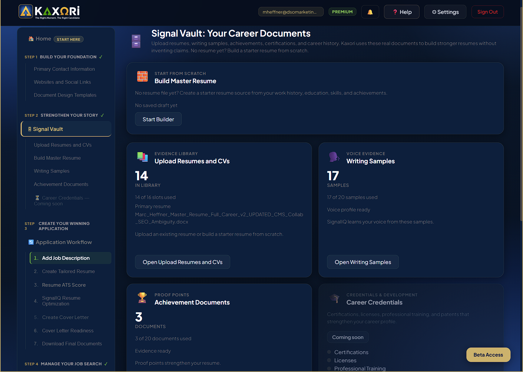 Real Kaxori Signal Vault with resumes, writing samples, and achievement documents