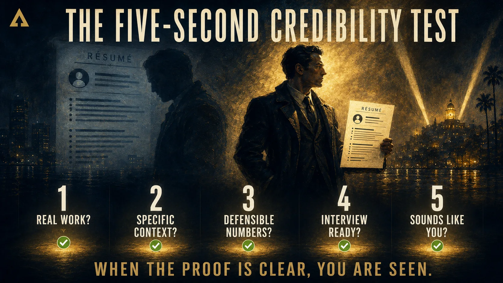 A professional emerges from shadow as five résumé credibility checks make the person visible.