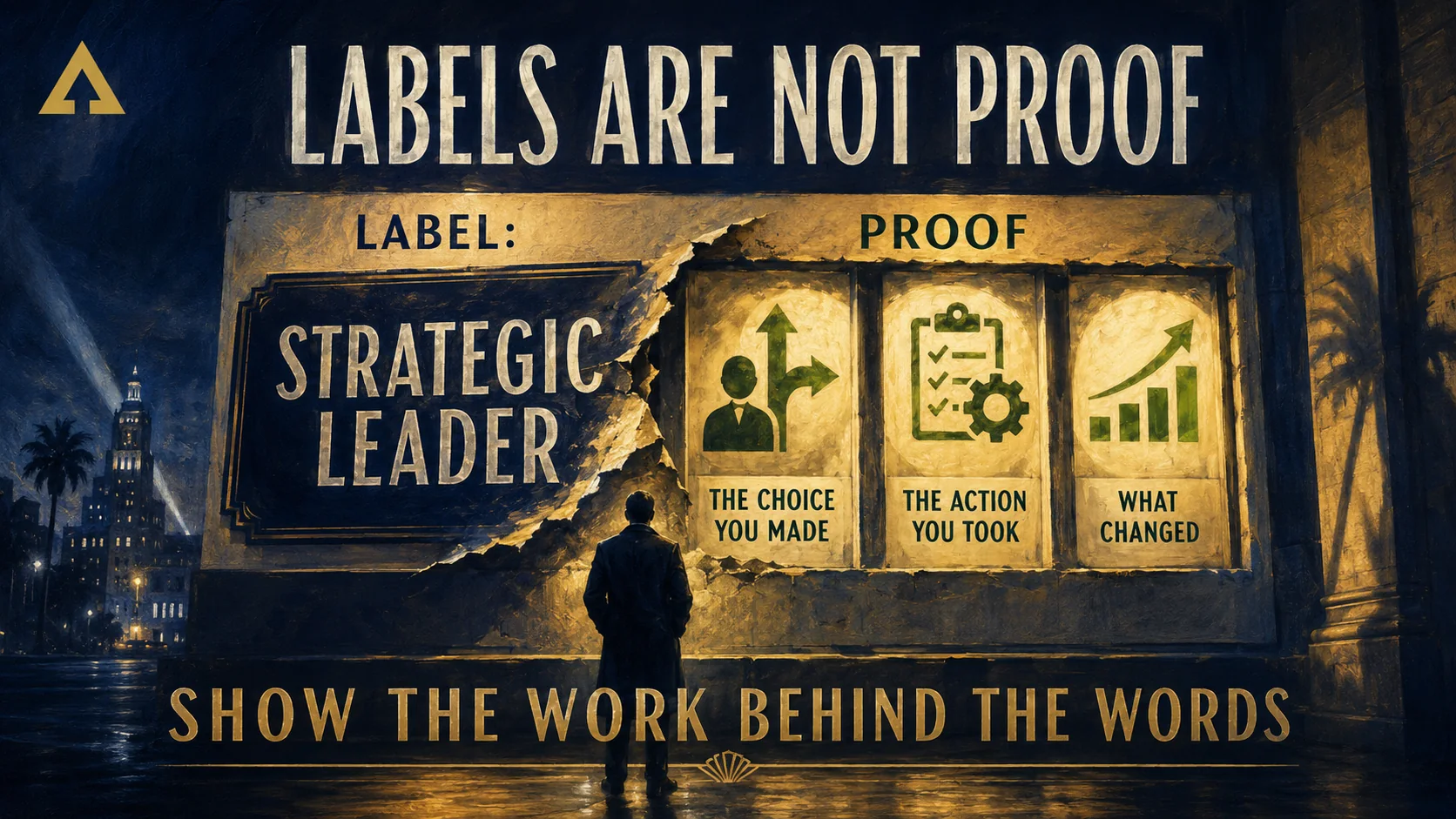 A generic professional label sits in shadow while specific actions and outcomes reveal the work.