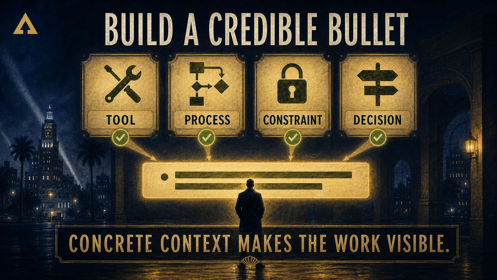 Tool, process, constraint, and decision form the building blocks of a credible résumé bullet.
