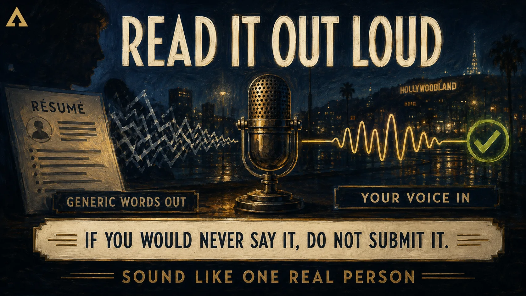 A professional reads a résumé bullet aloud as generic corporate language fades away.