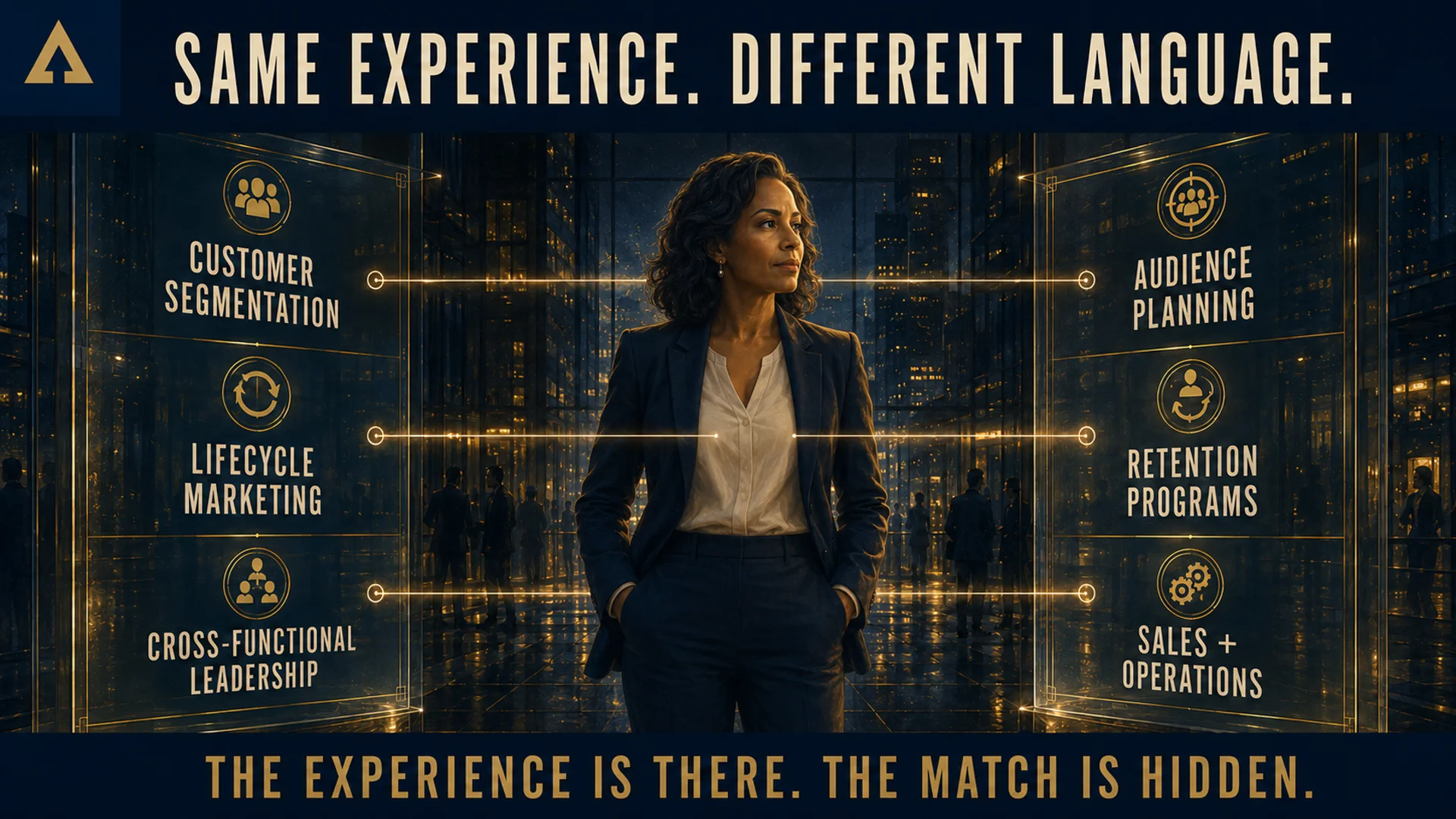 A professional woman stands between employer terms and the language used in her résumé, showing that the same experience can be described in different ways.