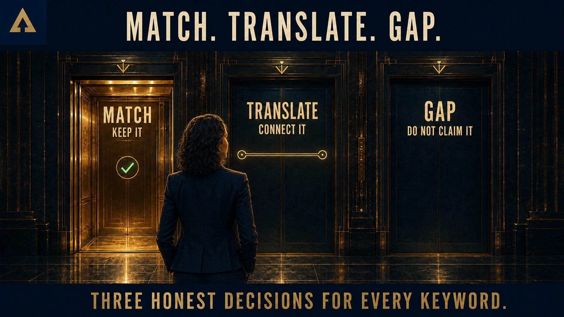 A professional woman faces three illuminated choices labeled Match, Translate, and Gap for reviewing résumé keywords.
