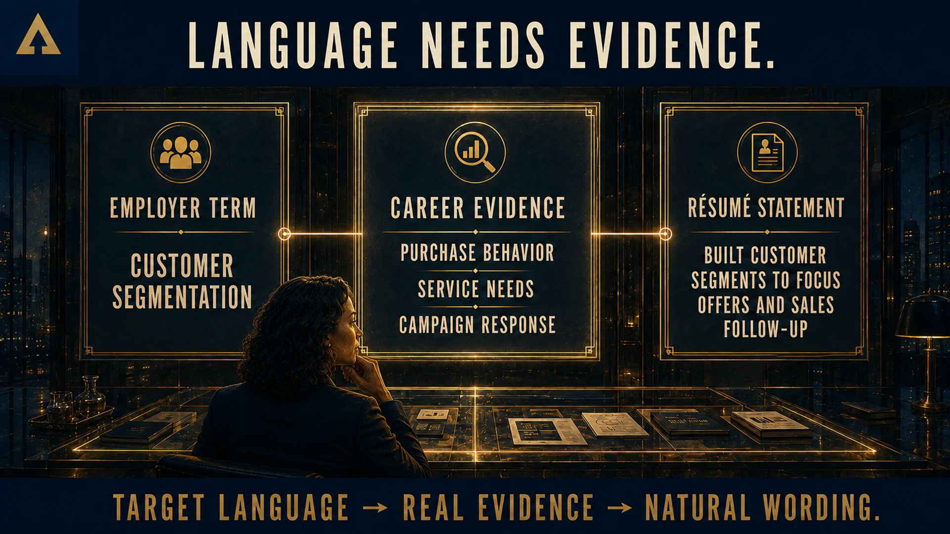 A three-part visual connects the employer term customer segmentation to career evidence and a natural résumé statement.