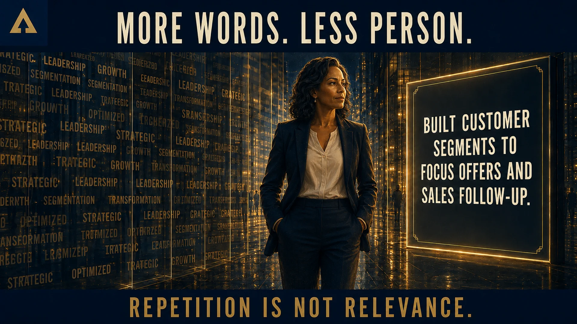 A professional woman stands between a wall of repeated keywords and one supported résumé statement, showing that repetition is not relevance.