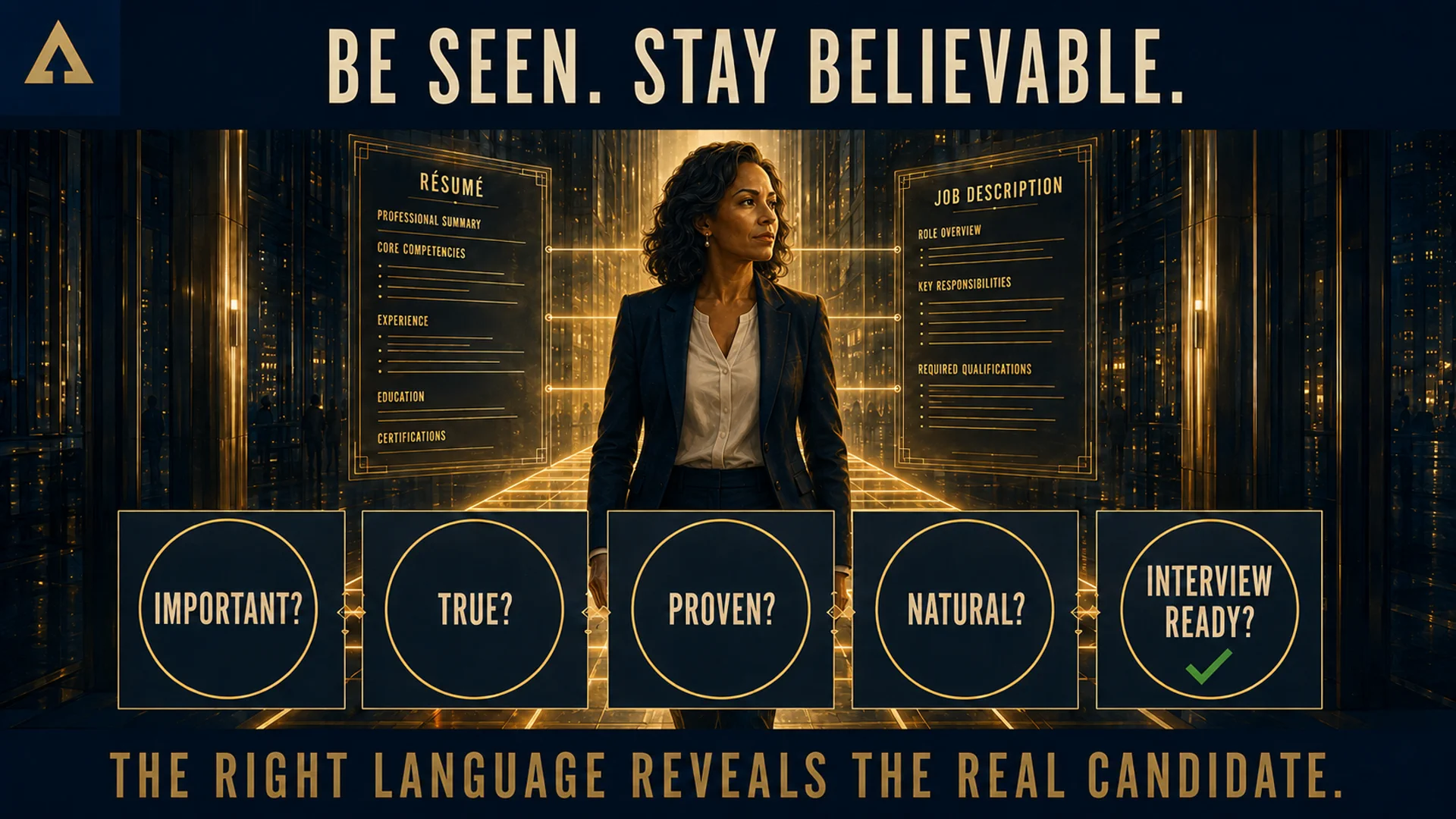 A professional woman stands between a résumé and job description above five keyword checks: Important, True, Proven, Natural, and Interview Ready.