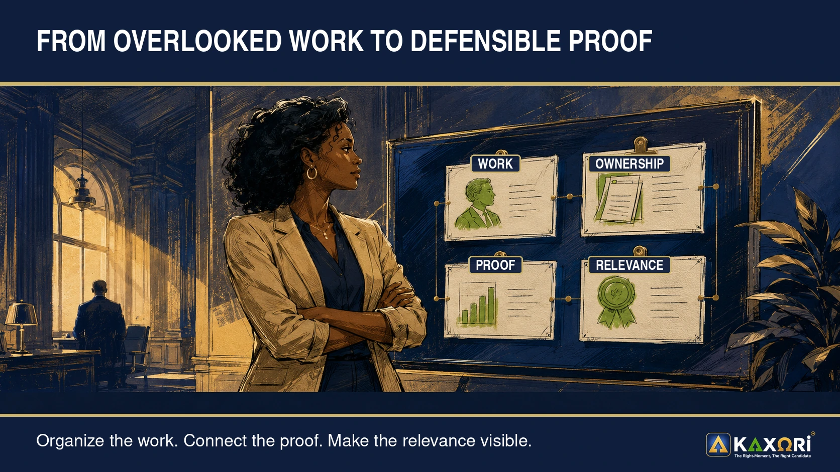 Job seeker reviewing four connected evidence cards labeled Work, Ownership, Proof, and Relevance.
