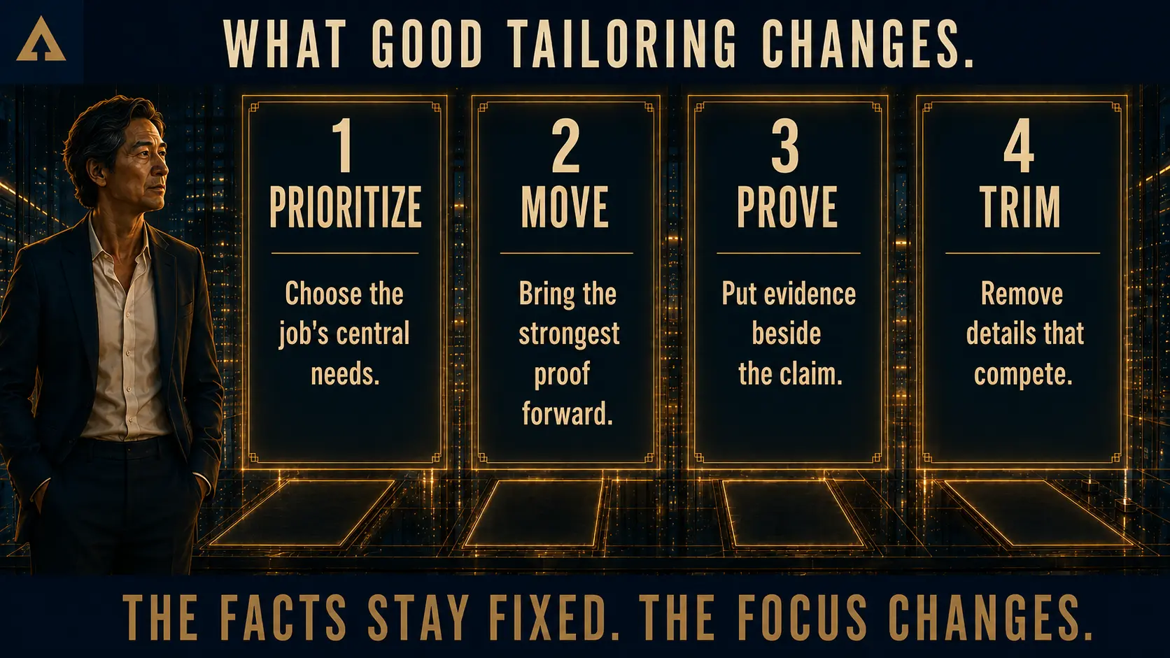 Four-step résumé architecture method: Prioritize, Move, Prove, and Trim.