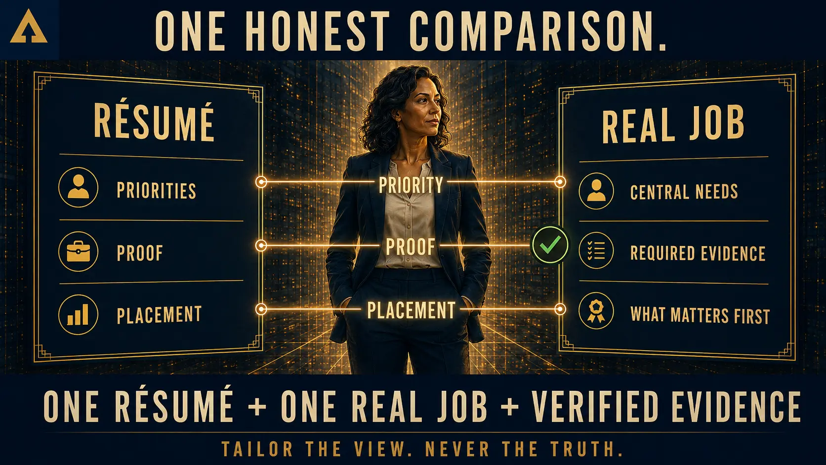 One résumé and one job description are compared through priority, proof, and placement.