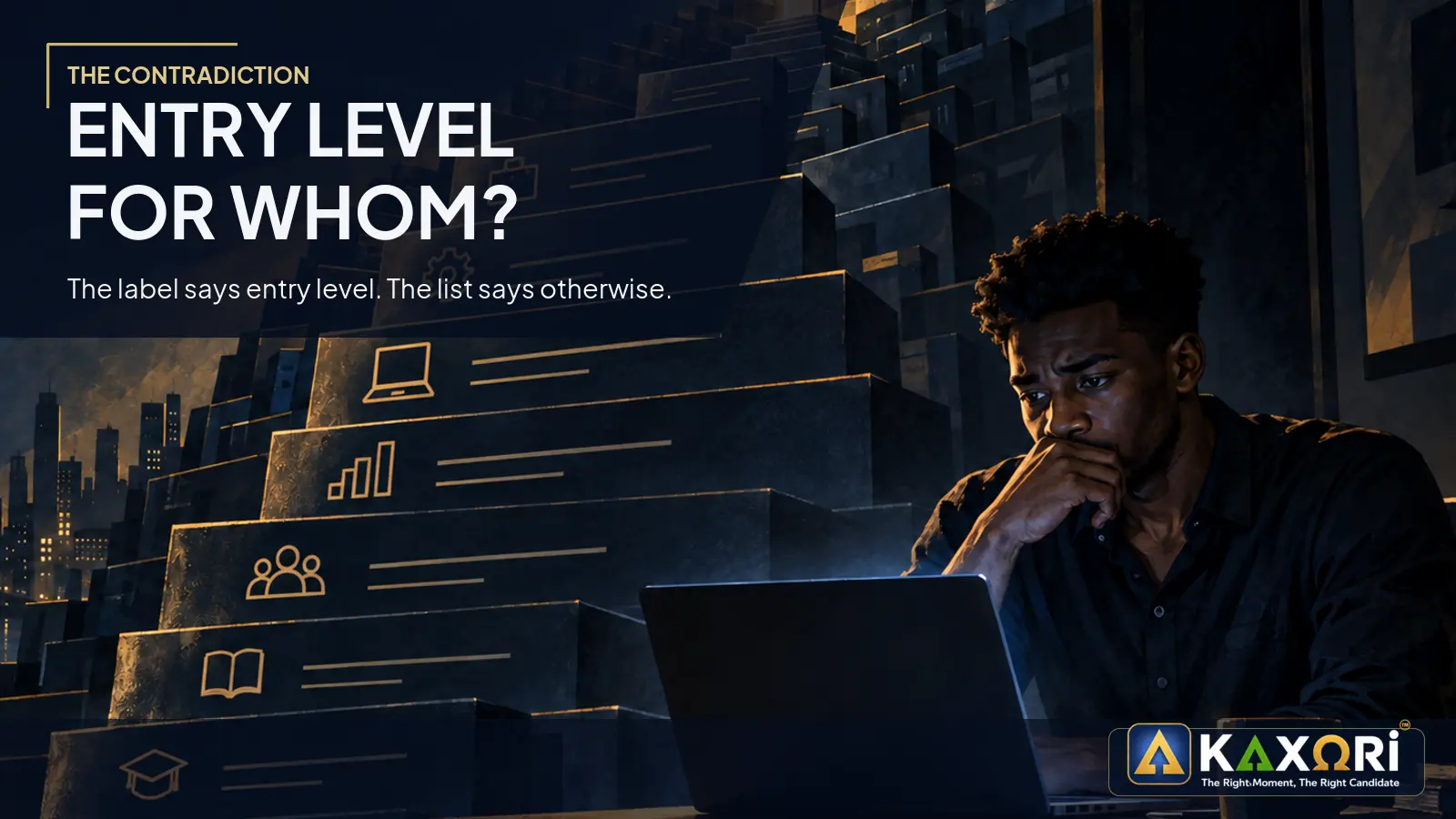A job seeker studies an entry-level posting whose requirements rise like a wall.