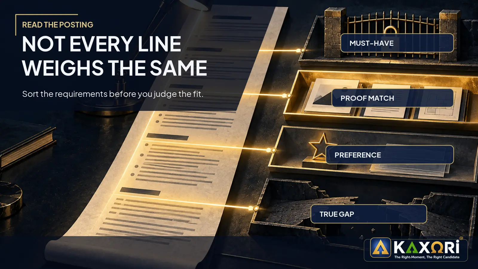 A job description is sorted into must-have, proof match, preference, and true gap categories.