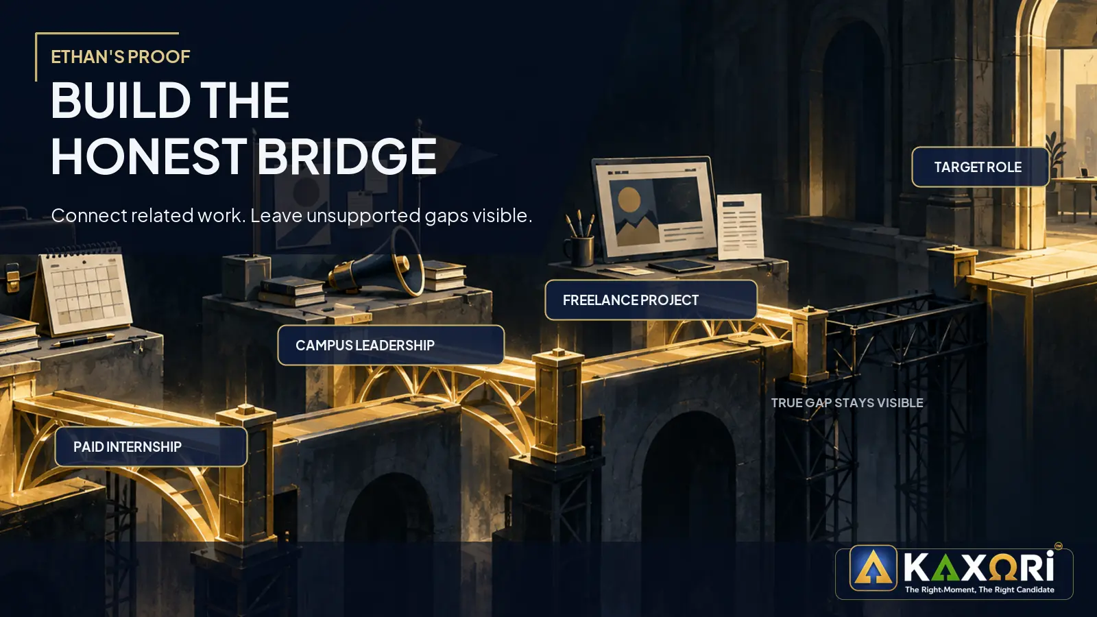 A gold bridge connects a paid internship, campus leadership, and a freelance project to a target role while a true gap remains visible.