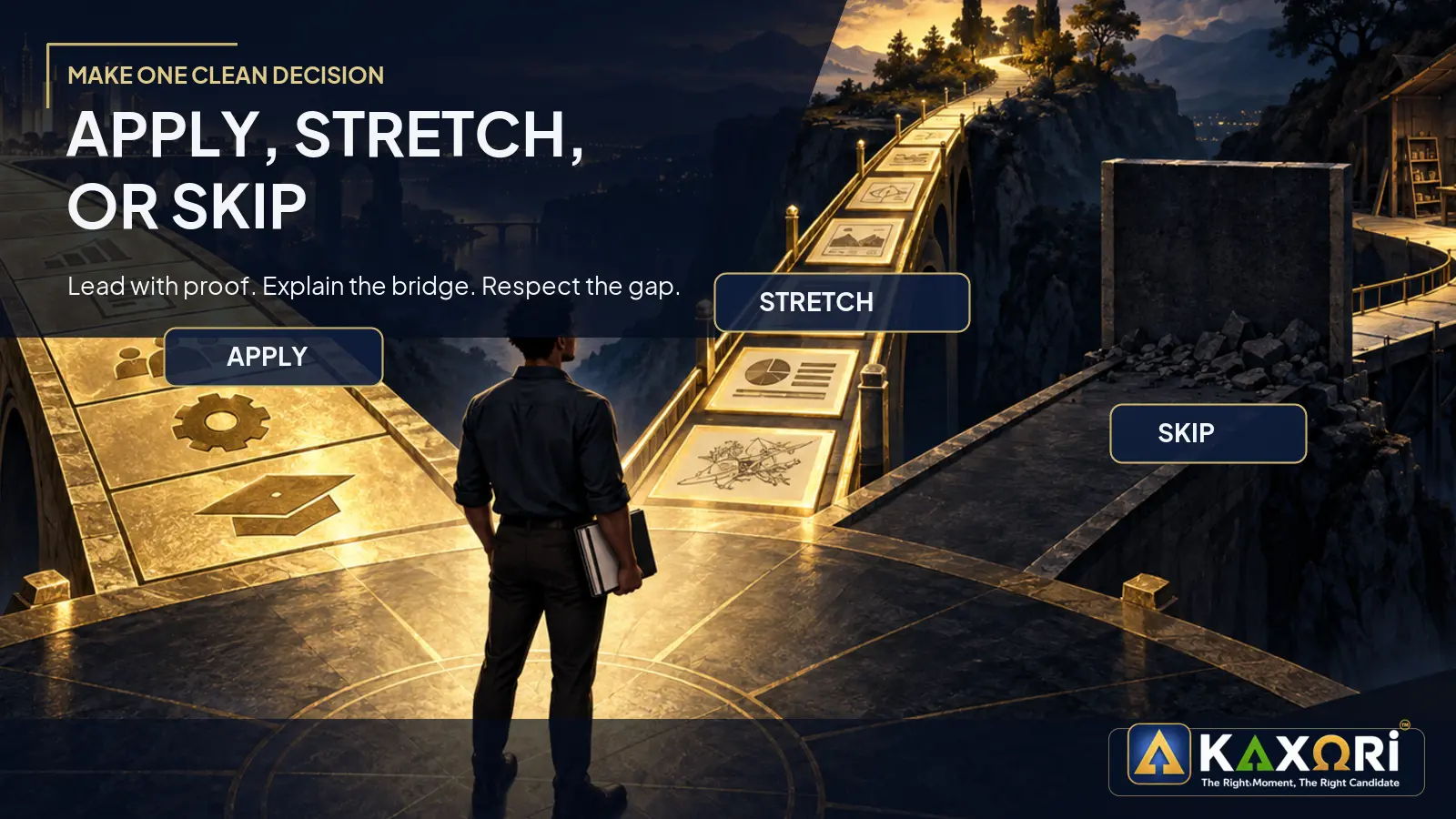 A job seeker faces three paths labeled Apply, Stretch, and Skip.