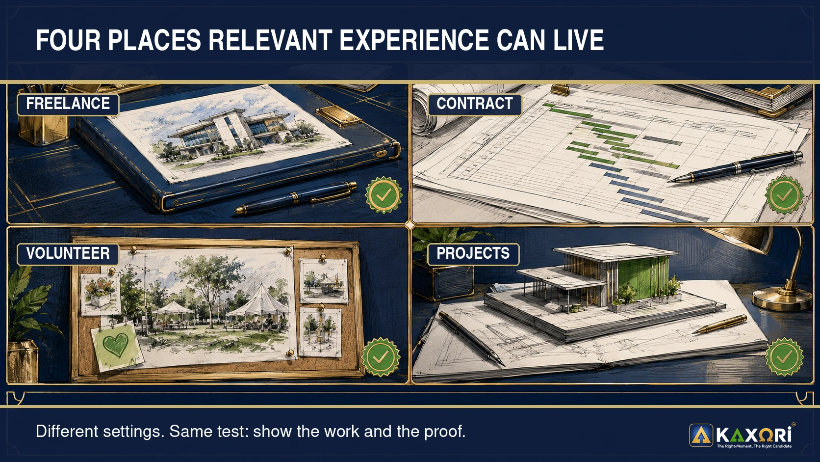 Four labeled sources of relevant experience: freelance, contract, volunteer, and project work.