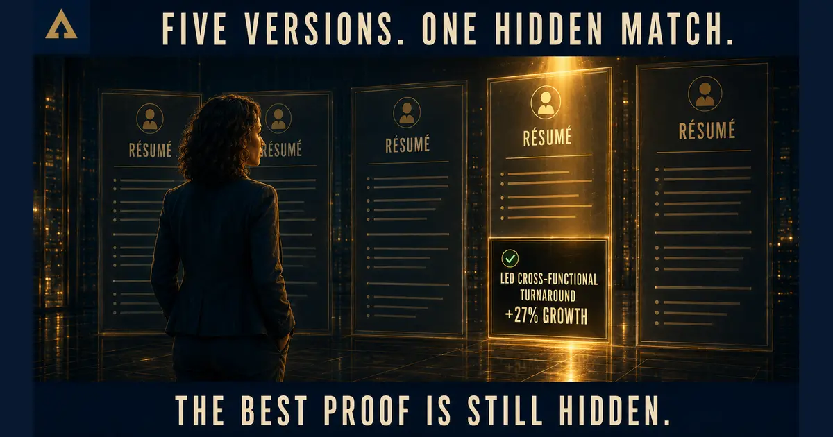A professional compares five résumé versions while the strongest proof remains hidden.