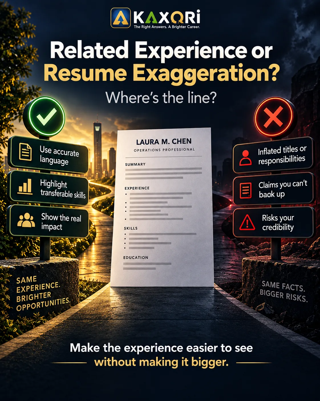 Related experience or resume exaggeration graphic showing a clearer truthful path and a risky exaggerated path around an operations resume.