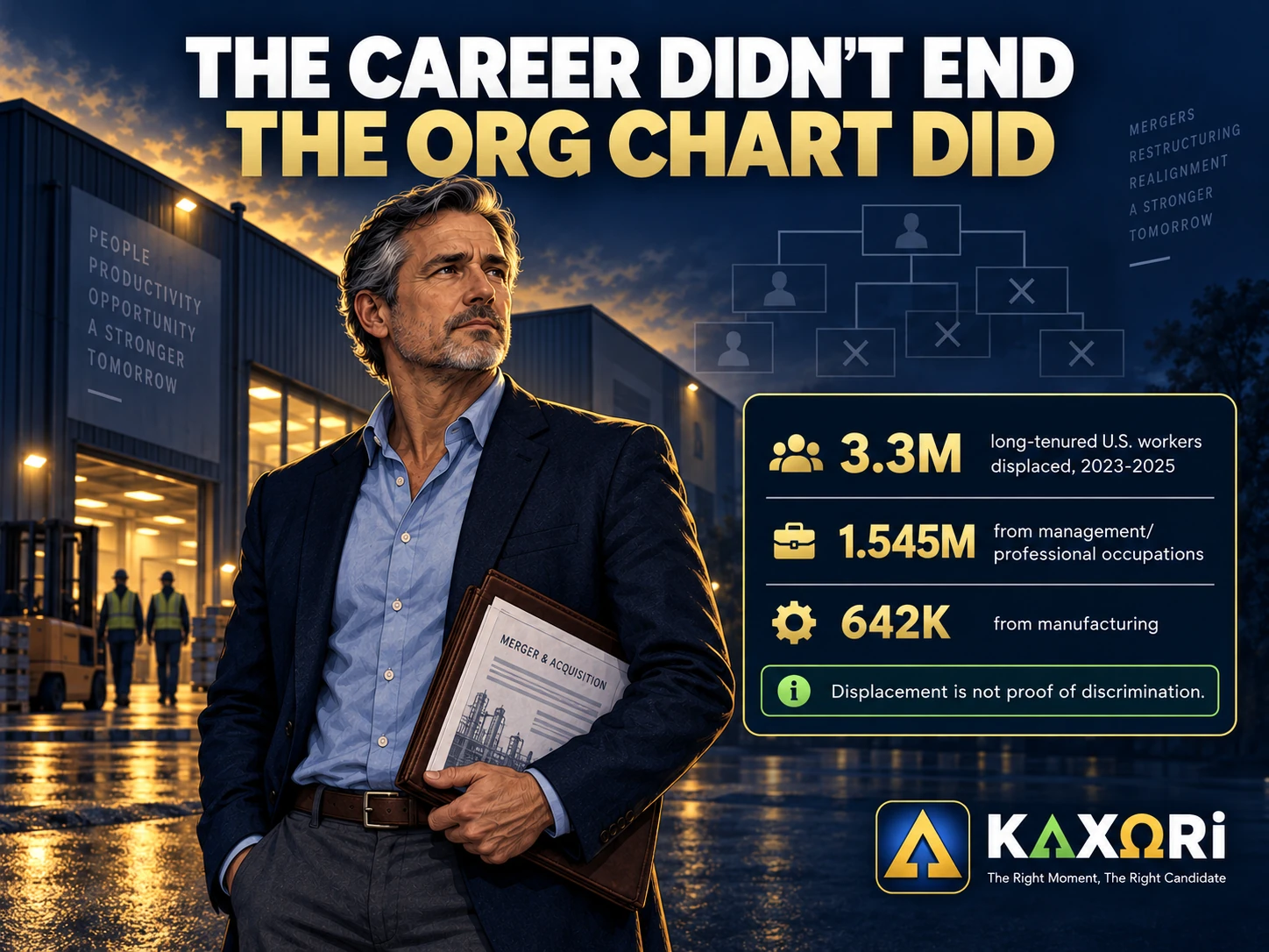 An experienced executive stands outside a manufacturing plant after an acquisition eliminated the leadership team, beside U.S. worker-displacement figures.