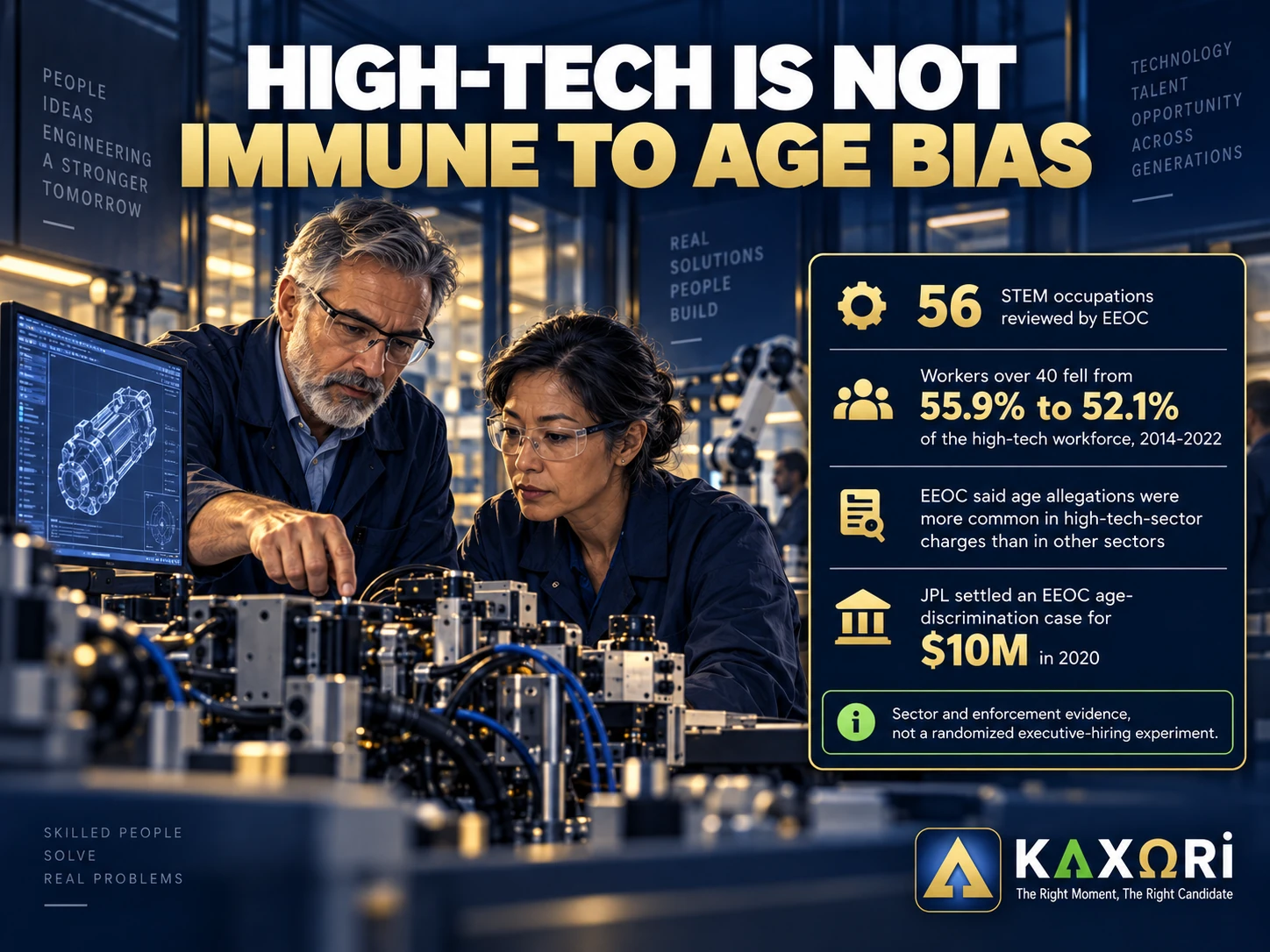 Two experienced engineers work on precision equipment in a lab, under the headline High-Tech Is Not Immune to Age Bias, beside EEOC workforce and enforcement figures.