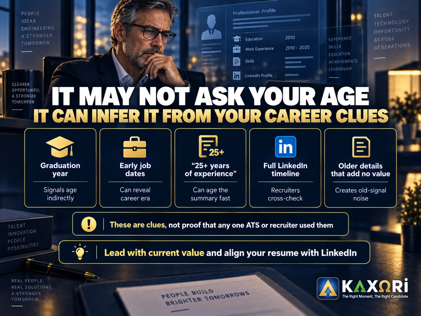 A professional reviews a profile screen, under the headline It May Not Ask Your Age, It Can Infer It From Your Career Clues, with five cards naming common resume age clues.