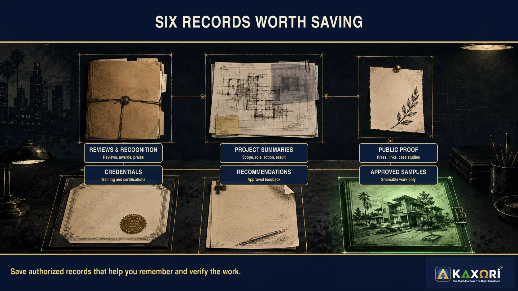Six authorized career records worth saving: reviews and recognition, project summaries, public proof, credentials, recommendations, and approved work samples.