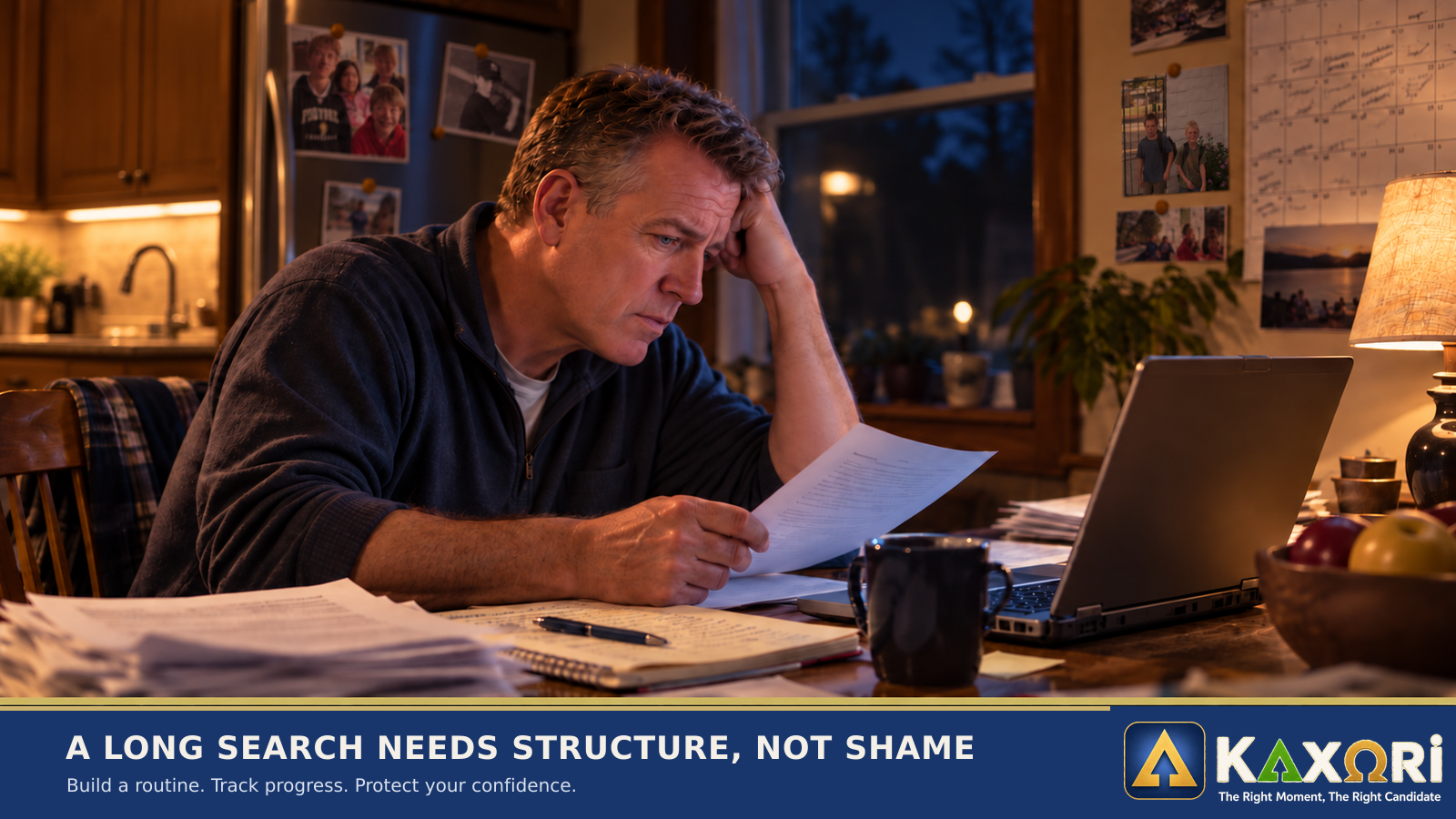 Marc Heffner at a kitchen table reviewing job-search paperwork beside a laptop, surrounded by family photographs.